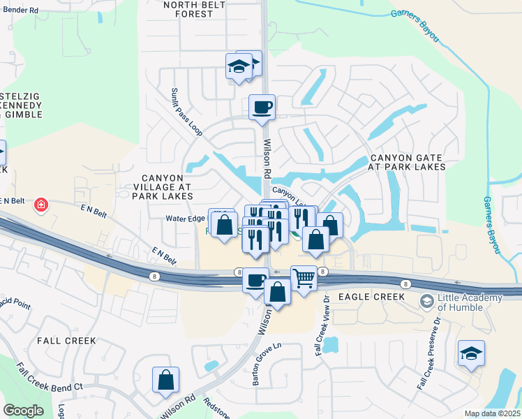 map of restaurants, bars, coffee shops, grocery stores, and more near 4839 Storm Cove View in Humble