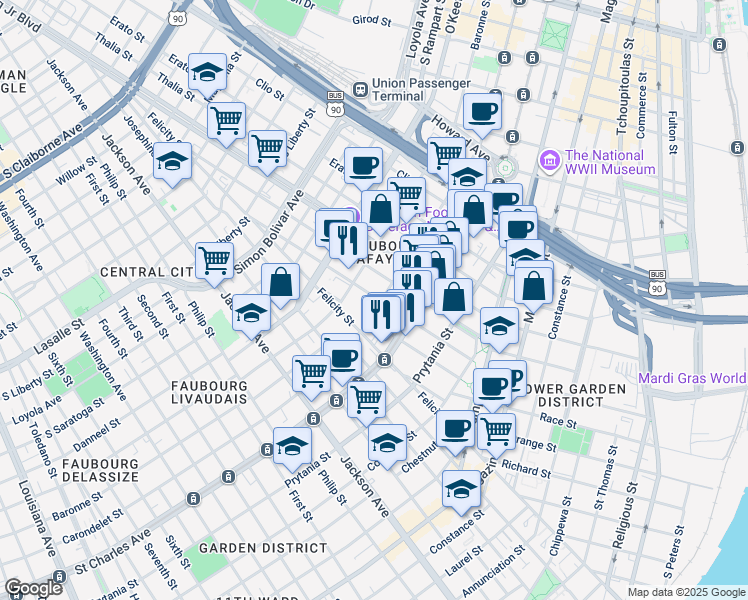 map of restaurants, bars, coffee shops, grocery stores, and more near 1701 Carondelet Street in New Orleans