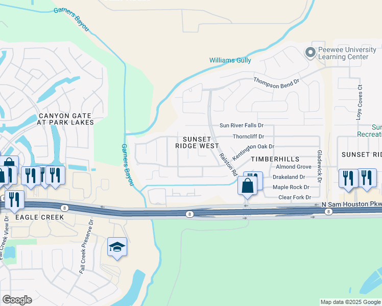 map of restaurants, bars, coffee shops, grocery stores, and more near 15014 Sunset Villa Court in Humble
