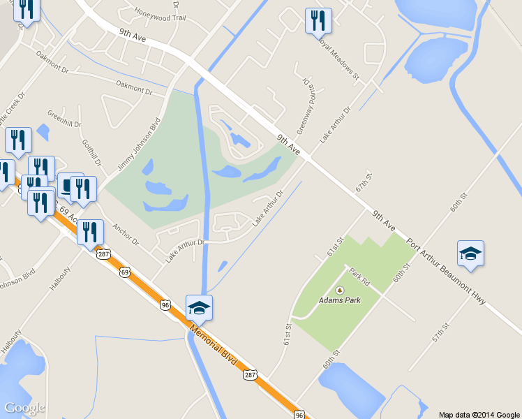 map of restaurants, bars, coffee shops, grocery stores, and more near 3485 Lake Arthur Dr in Port Arthur