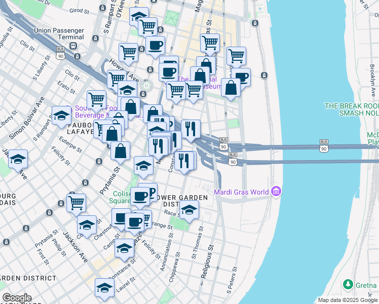 map of restaurants, bars, coffee shops, grocery stores, and more near 1213 Annunciation Street in New Orleans