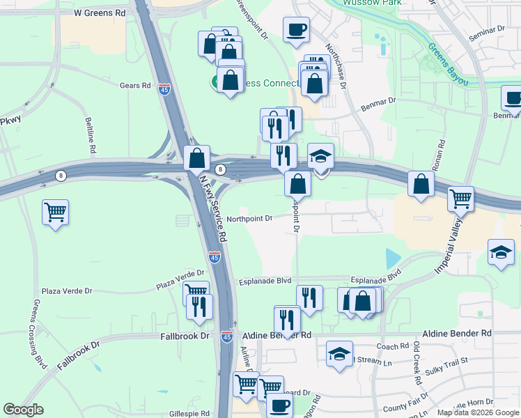 map of restaurants, bars, coffee shops, grocery stores, and more near in Houston