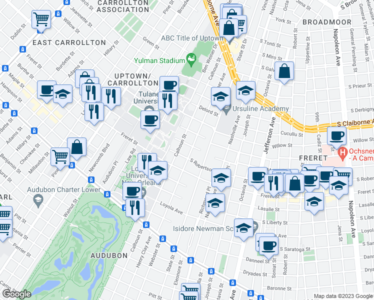 map of restaurants, bars, coffee shops, grocery stores, and more near 2222 Palmer Avenue in New Orleans