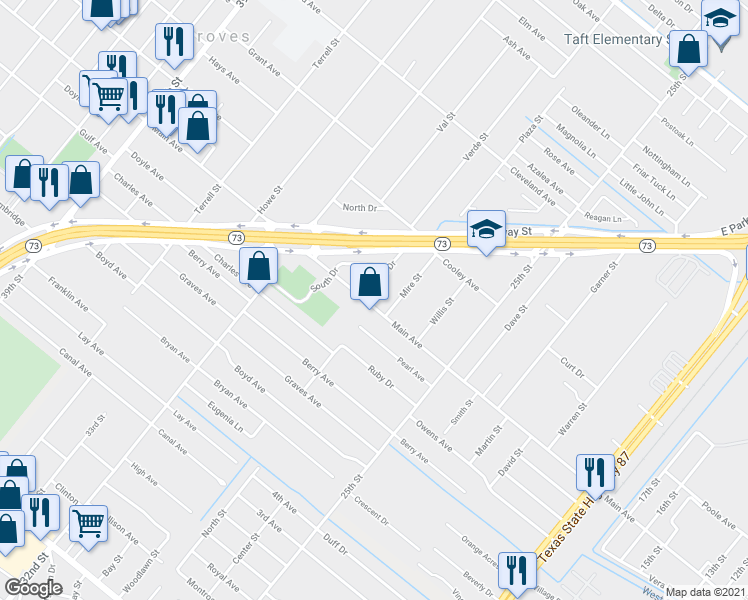 map of restaurants, bars, coffee shops, grocery stores, and more near 3048 Main Avenue in Groves