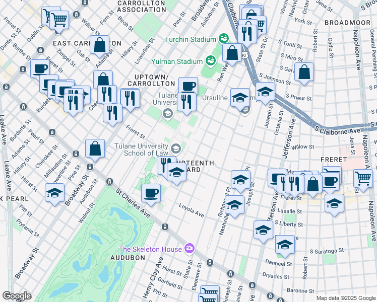 map of restaurants, bars, coffee shops, grocery stores, and more near 6325 South Robertson Street in New Orleans