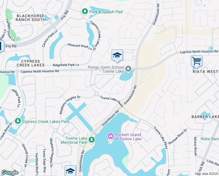 map of restaurants, bars, coffee shops, grocery stores, and more near 11215 Puckett River Drive in Harris County