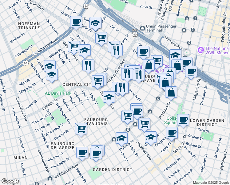 map of restaurants, bars, coffee shops, grocery stores, and more near 2001 Josephine Street in New Orleans