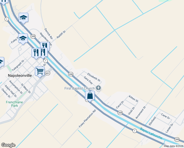 map of restaurants, bars, coffee shops, grocery stores, and more near 4613-4633 Elizabeth Street in Napoleonville