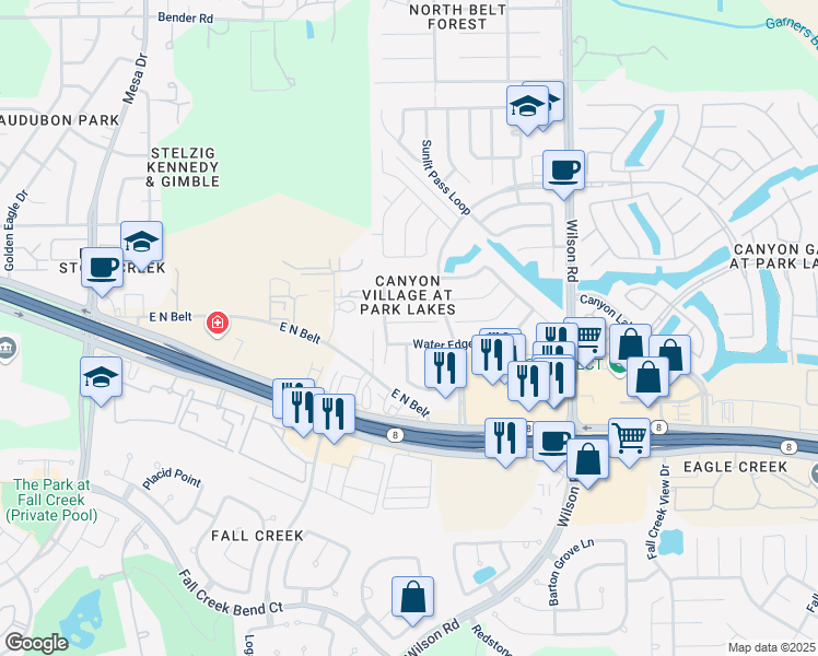 map of restaurants, bars, coffee shops, grocery stores, and more near 9222 Tracelawn Court in Humble