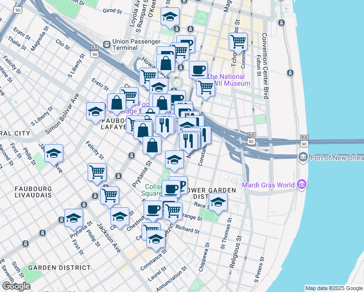map of restaurants, bars, coffee shops, grocery stores, and more near 1127 Thalia Street in New Orleans
