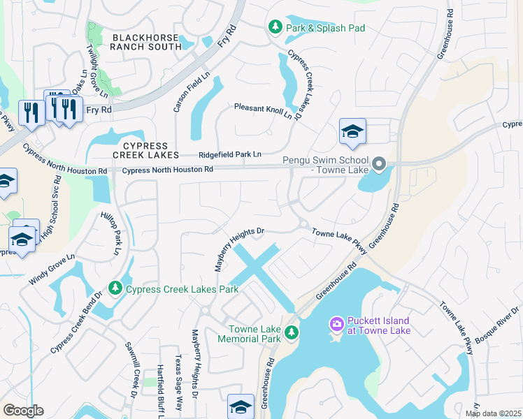 map of restaurants, bars, coffee shops, grocery stores, and more near 19426 White Rock Landing Court in Cypress
