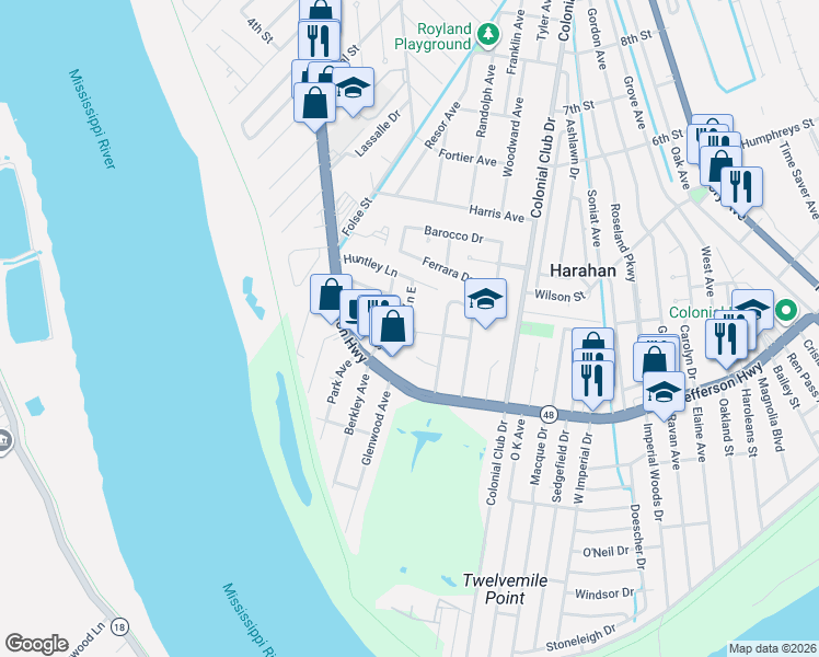map of restaurants, bars, coffee shops, grocery stores, and more near 3 Nimitz Drive in Harahan