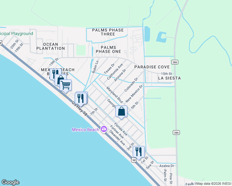 map of restaurants, bars, coffee shops, grocery stores, and more near 403 Colorado Dr in Mexico Beach