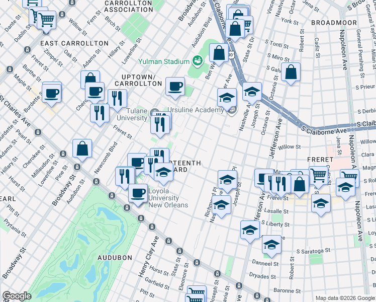 map of restaurants, bars, coffee shops, grocery stores, and more near 2224 Palmer Avenue in New Orleans