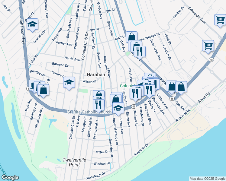 map of restaurants, bars, coffee shops, grocery stores, and more near 333 Roseland Parkway in Harahan