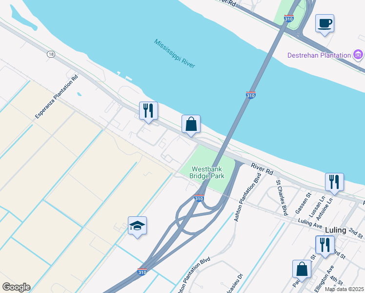 map of restaurants, bars, coffee shops, grocery stores, and more near 13855 River Road in Luling