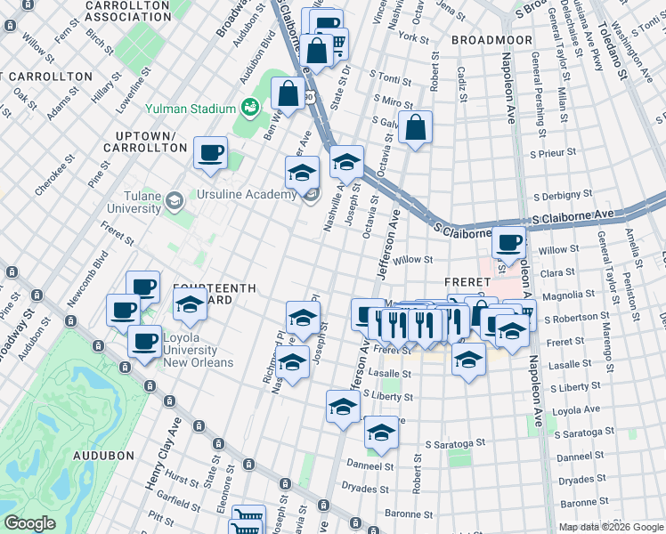 map of restaurants, bars, coffee shops, grocery stores, and more near 2509 Joseph Street in New Orleans