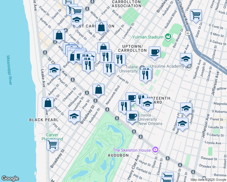 map of restaurants, bars, coffee shops, grocery stores, and more near 18 Newcomb Boulevard in New Orleans