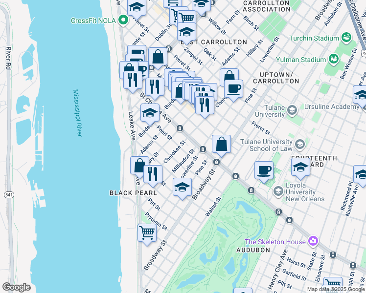 map of restaurants, bars, coffee shops, grocery stores, and more near 7512 Pearl Street in New Orleans