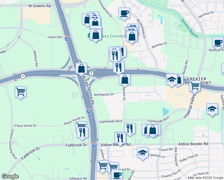map of restaurants, bars, coffee shops, grocery stores, and more near in Houston