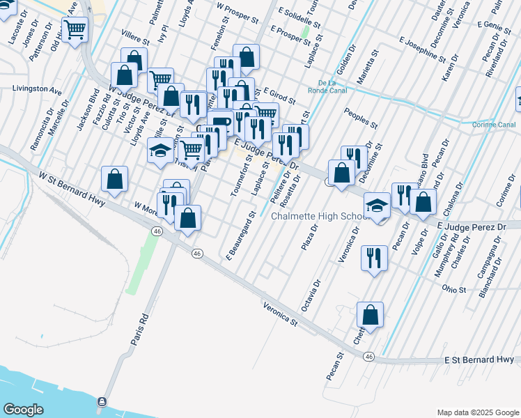 map of restaurants, bars, coffee shops, grocery stores, and more near 2135 Rosemary Place in Chalmette