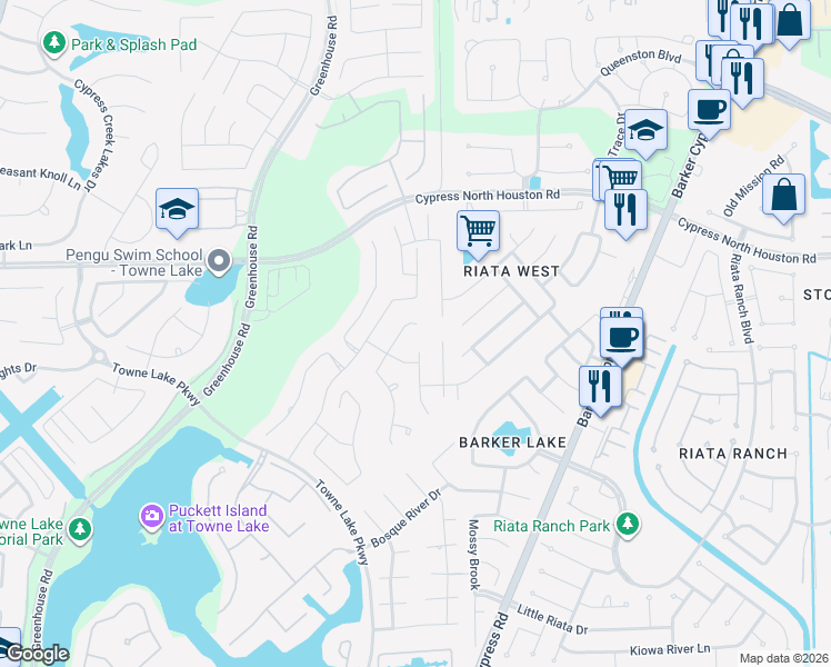 map of restaurants, bars, coffee shops, grocery stores, and more near 10942 Sunnydale Ridge Ln in Harris County
