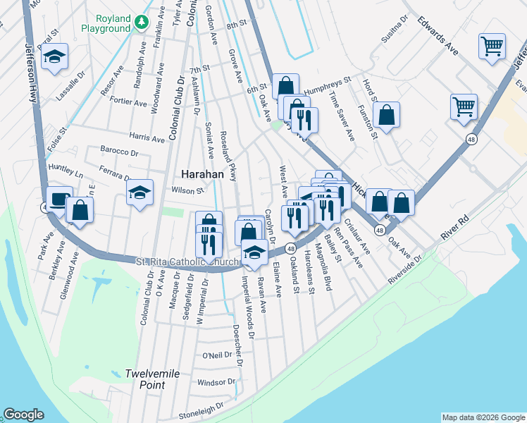 map of restaurants, bars, coffee shops, grocery stores, and more near 316 Carolyn Drive in Harahan
