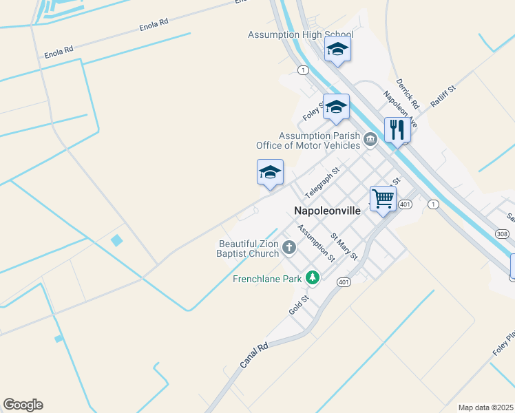 map of restaurants, bars, coffee shops, grocery stores, and more near 185 Louisiana 1008 in Napoleonville