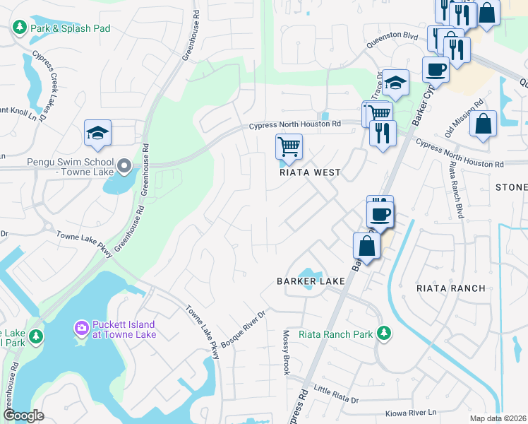 map of restaurants, bars, coffee shops, grocery stores, and more near 10942 Sunnydale Ridge Ln in Cypress