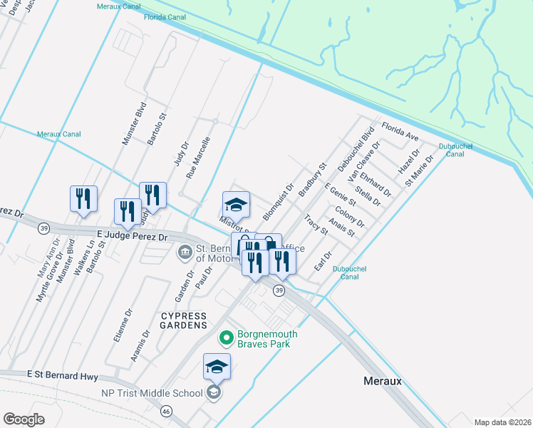 map of restaurants, bars, coffee shops, grocery stores, and more near 2901 Blomquist Street in Meraux