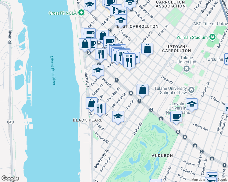 map of restaurants, bars, coffee shops, grocery stores, and more near 7512 Pearl Street in New Orleans