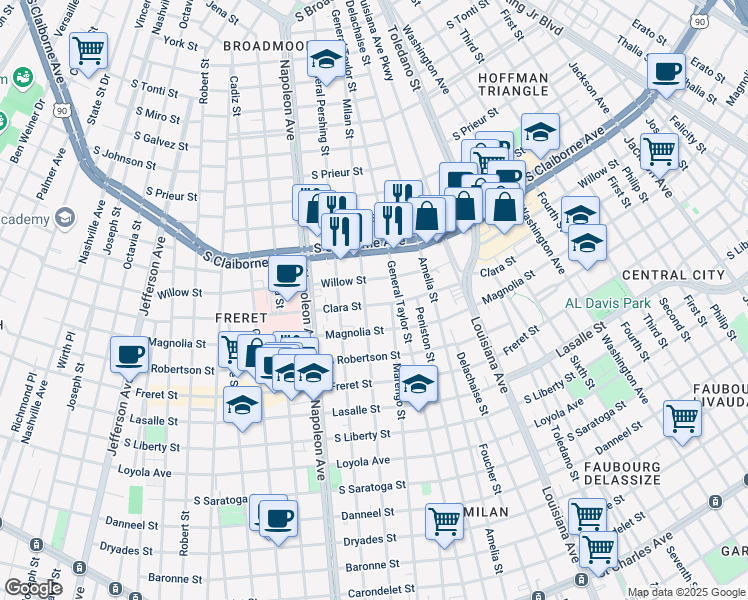 map of restaurants, bars, coffee shops, grocery stores, and more near 4139 Clara Street in New Orleans