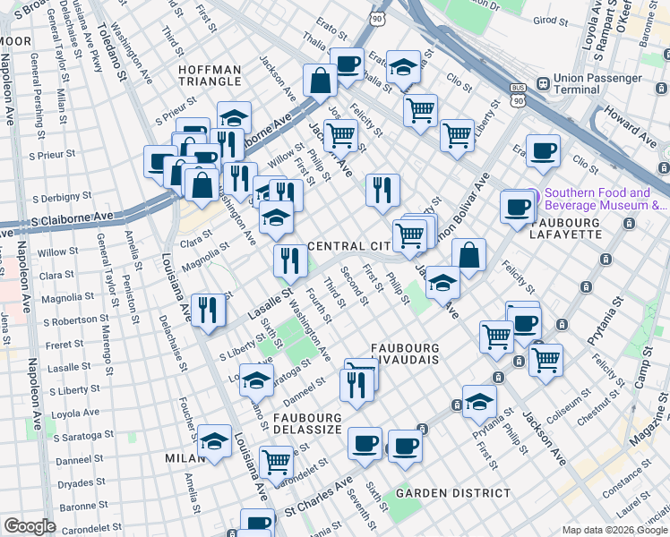 map of restaurants, bars, coffee shops, grocery stores, and more near 2508 Lasalle Street in New Orleans