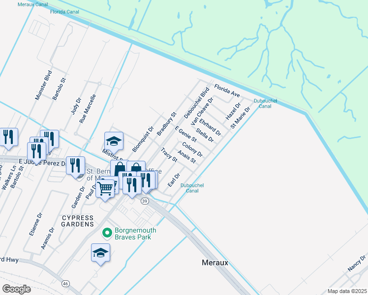 map of restaurants, bars, coffee shops, grocery stores, and more near 4412 Colony Drive in Meraux