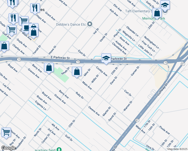 map of restaurants, bars, coffee shops, grocery stores, and more near 6201 Willis Street in Groves