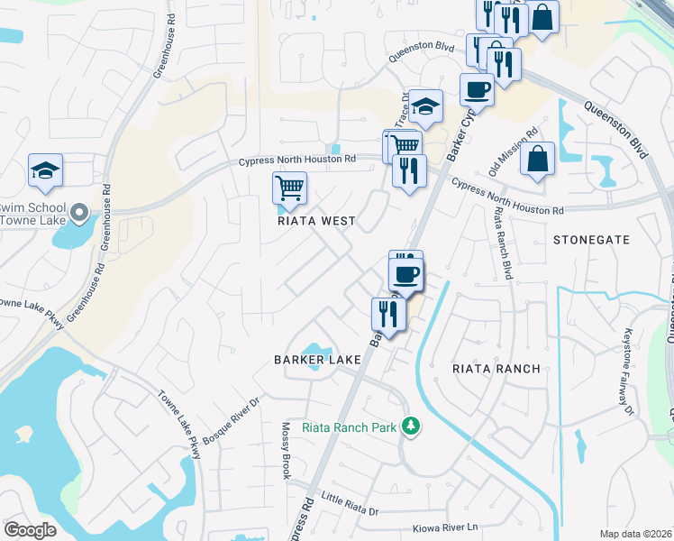 map of restaurants, bars, coffee shops, grocery stores, and more near 10922 Woodwind Shadows Drive in Cypress