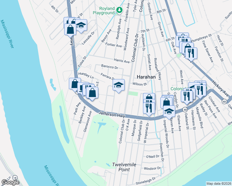 map of restaurants, bars, coffee shops, grocery stores, and more near 319 Wainwright Drive in Harahan