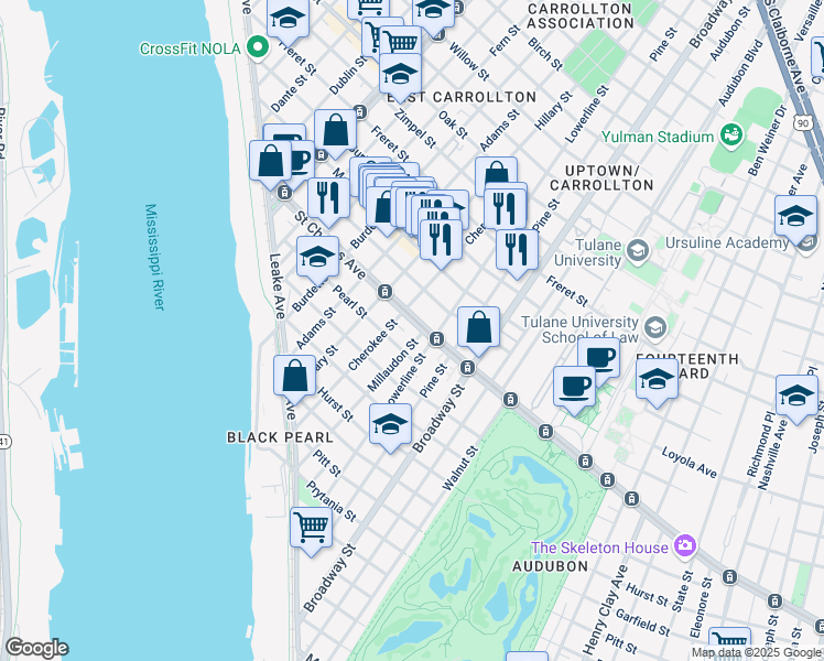map of restaurants, bars, coffee shops, grocery stores, and more near 7444 Saint Charles Avenue in New Orleans