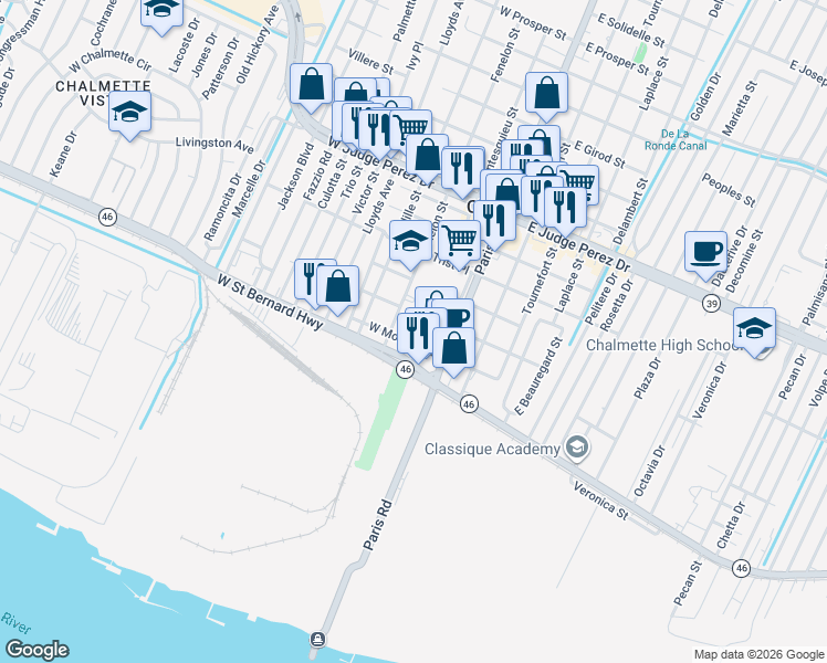 map of restaurants, bars, coffee shops, grocery stores, and more near 2106 Montesquieu Street in Chalmette