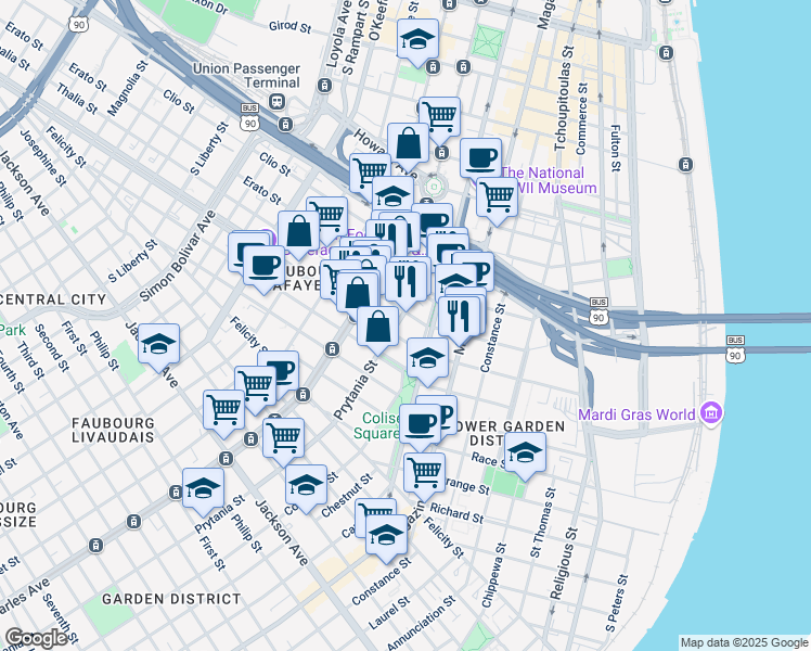 map of restaurants, bars, coffee shops, grocery stores, and more near 2874 Prytania Street in New Orleans