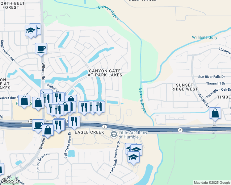 map of restaurants, bars, coffee shops, grocery stores, and more near 9930 Dragonfly Meadow Ct in Humble