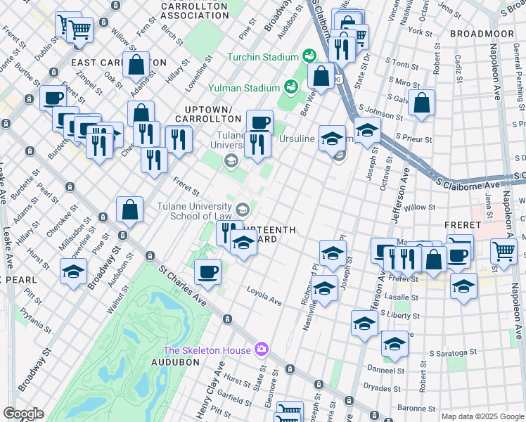 map of restaurants, bars, coffee shops, grocery stores, and more near 6325 South Robertson Street in New Orleans