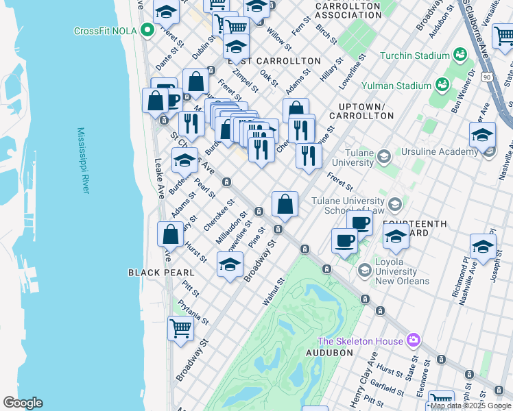 map of restaurants, bars, coffee shops, grocery stores, and more near 7444 Saint Charles Avenue in New Orleans