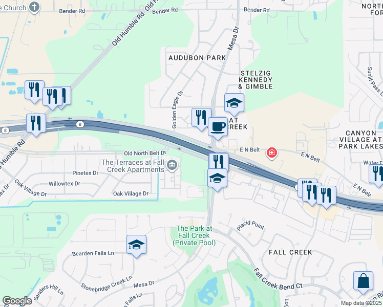 map of restaurants, bars, coffee shops, grocery stores, and more near 8000 North Sam Houston Parkway East in Humble
