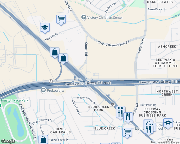 map of restaurants, bars, coffee shops, grocery stores, and more near 15820 Texas 249 in Houston
