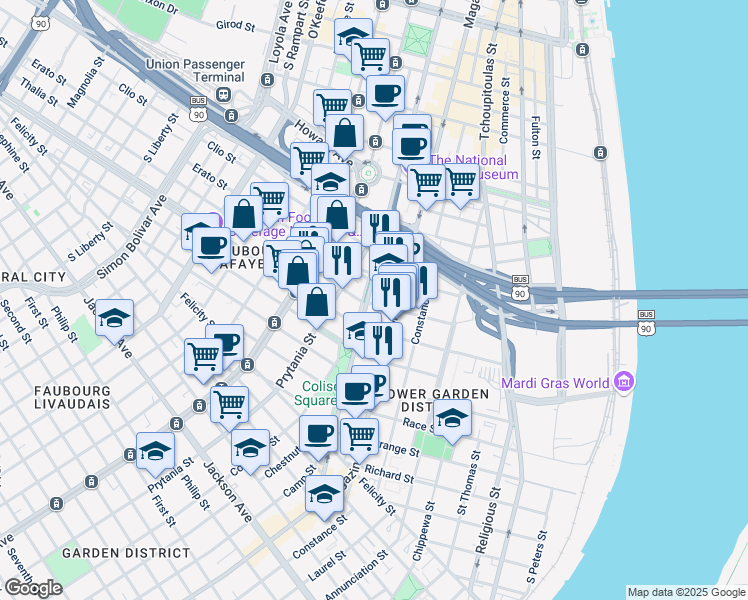 map of restaurants, bars, coffee shops, grocery stores, and more near 1127 Thalia Street in New Orleans