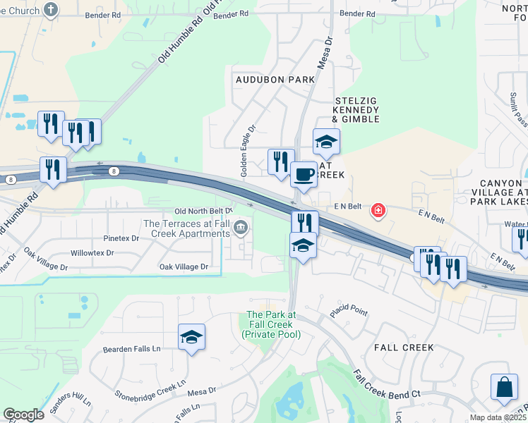 map of restaurants, bars, coffee shops, grocery stores, and more near 7904 North Sam Houston Parkway East in Humble