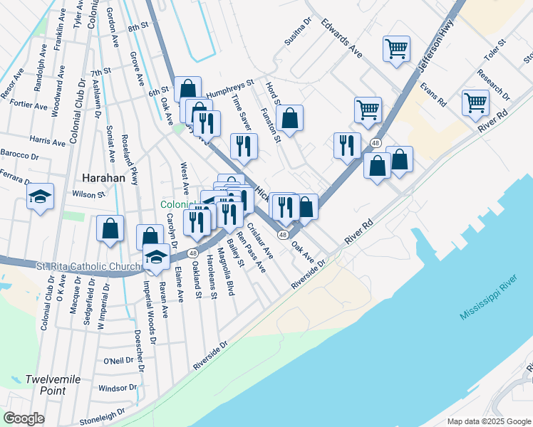 map of restaurants, bars, coffee shops, grocery stores, and more near 6469 Jefferson Highway in Harahan