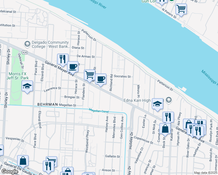 map of restaurants, bars, coffee shops, grocery stores, and more near 1521 Richland Road in New Orleans