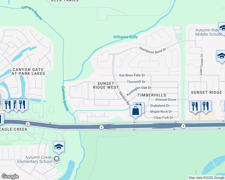 map of restaurants, bars, coffee shops, grocery stores, and more near 15027 Silhouette Ridge Drive in Humble